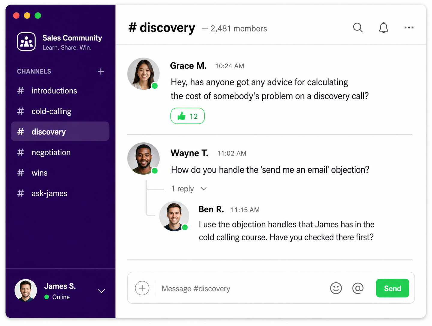 Private community chat app with channels where reps ask about discovery cost of the problem and handling the send me an email objection