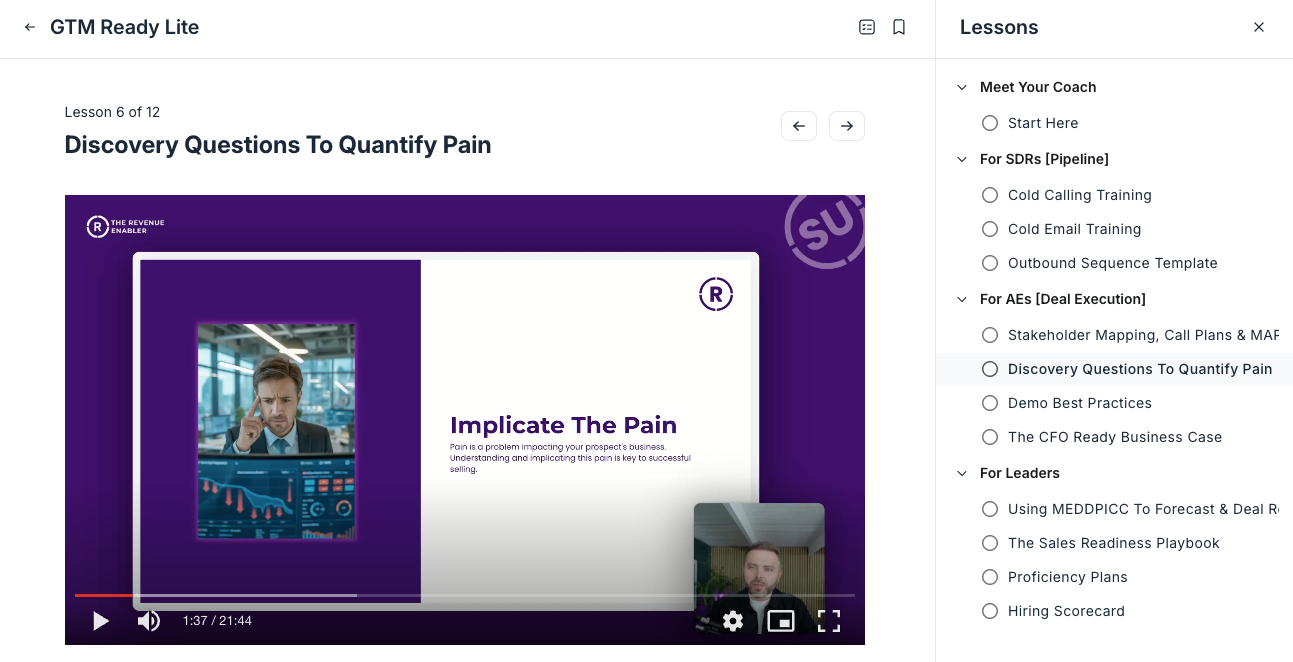 GTM Ready training course showing the full lesson library
