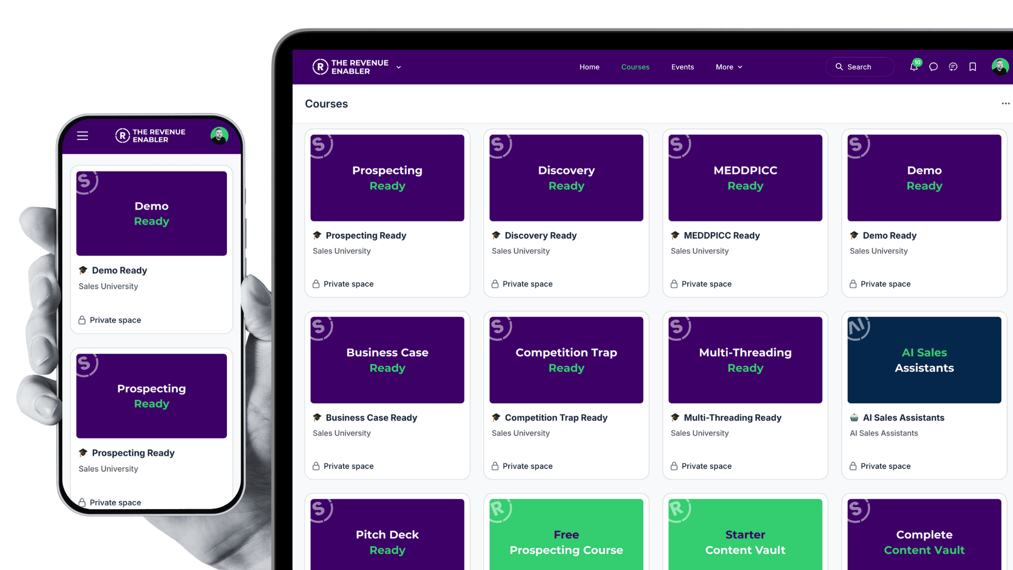 The Sales University platform dashboard across desktop and mobile